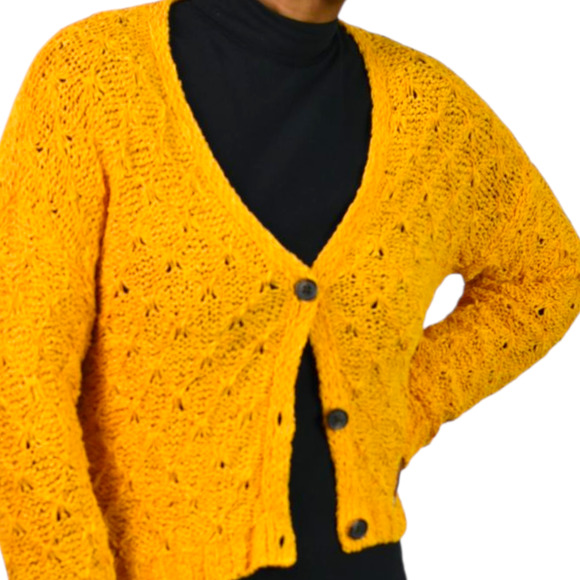American Eagle Cropped Cardigan Sweater Yellow Slouchy Crochet Knit Boxy XS - Picture 4 of 13